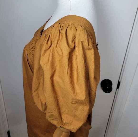 Maeve by Anthropologie Puff Sleeve Smocked Blouse Mustard Size Small 100% Cotton - Picture 5 of 8